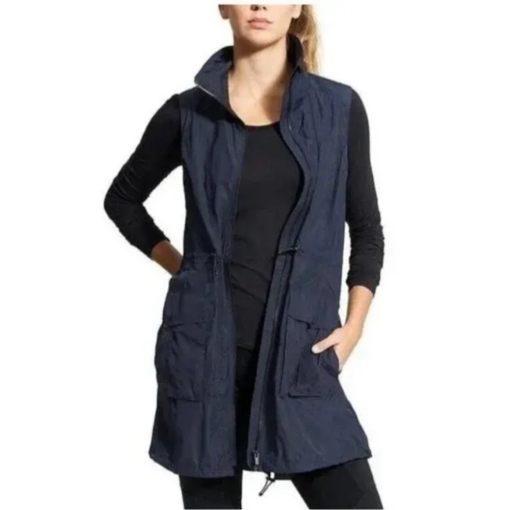 NWT Athleta City Slicker Sleeveless Full Zip Stand Collar Vest Jacket Navy XS‎